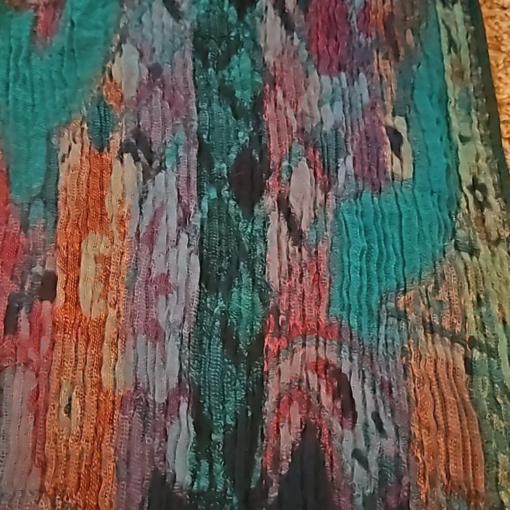 VTG Handwoven Turquoise Multi-color Rainbow Crinkle Fringe Scarf